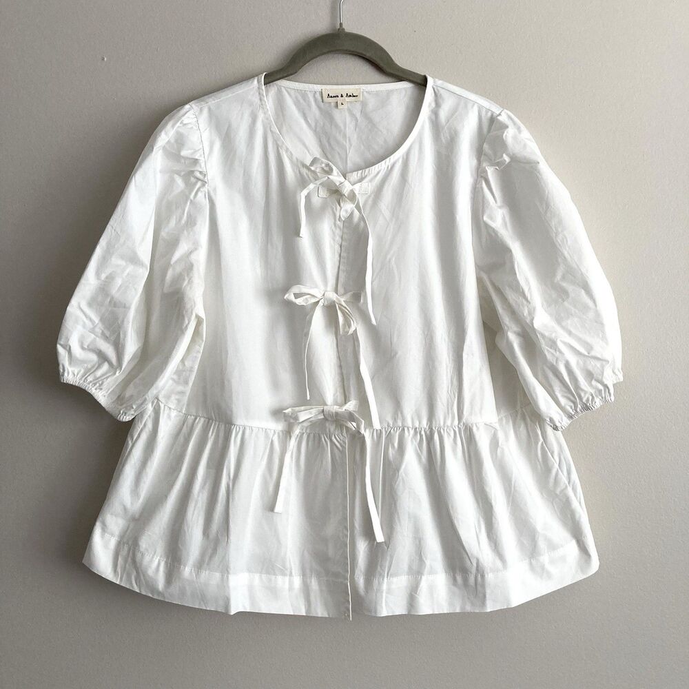 Aaron & Amber Tie Front Peplum Blouse Size Large Cotton Coquette Girly Boho
